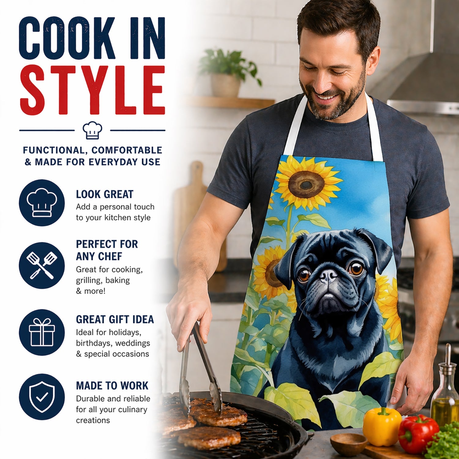 Pug in Sunflowers Apron Cooking Kitchen Server Baking Crafts Gardening for Adult Women Men, Unisex, Large, Multicolor