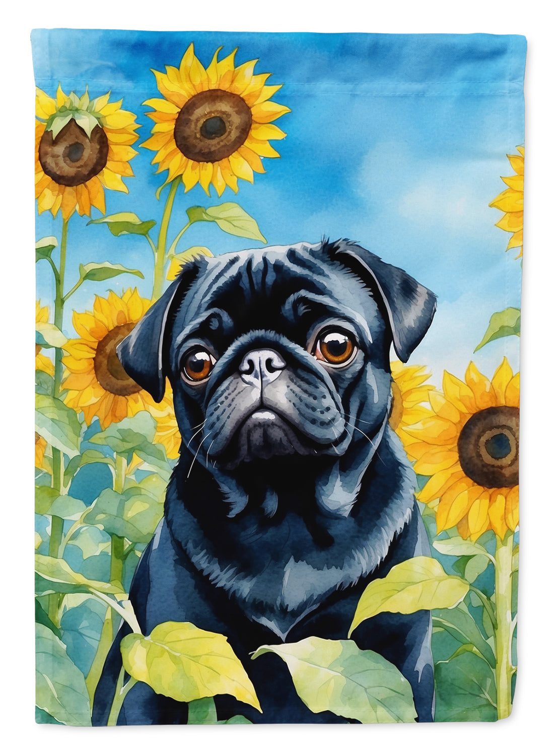Pug in Sunflowers House Flag 28x40 Porch Sleeve Pole Decorative Outside Yard Banner Artwork Wall Hanging, Polyester