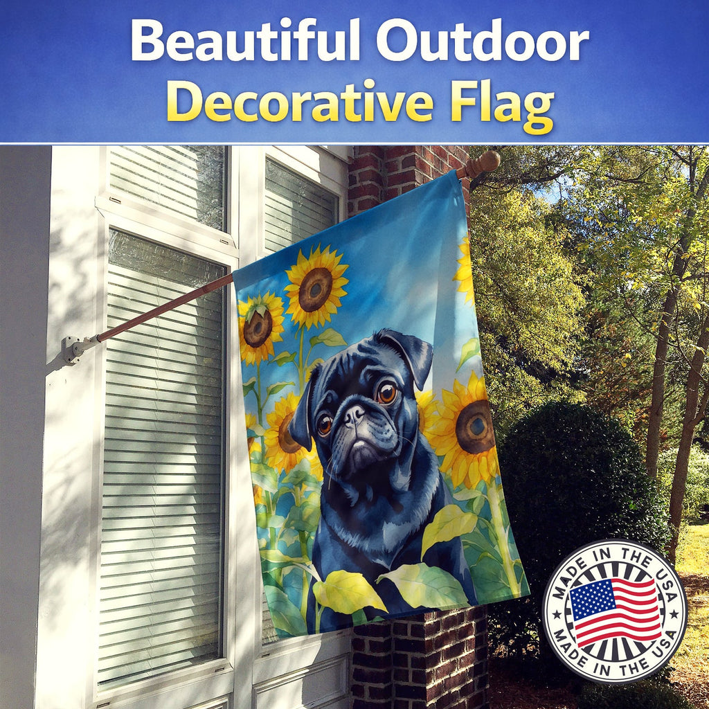 Pug in Sunflowers House Flag 28x40 Porch Sleeve Pole Decorative Outside Yard Banner Artwork Wall Hanging, Polyester