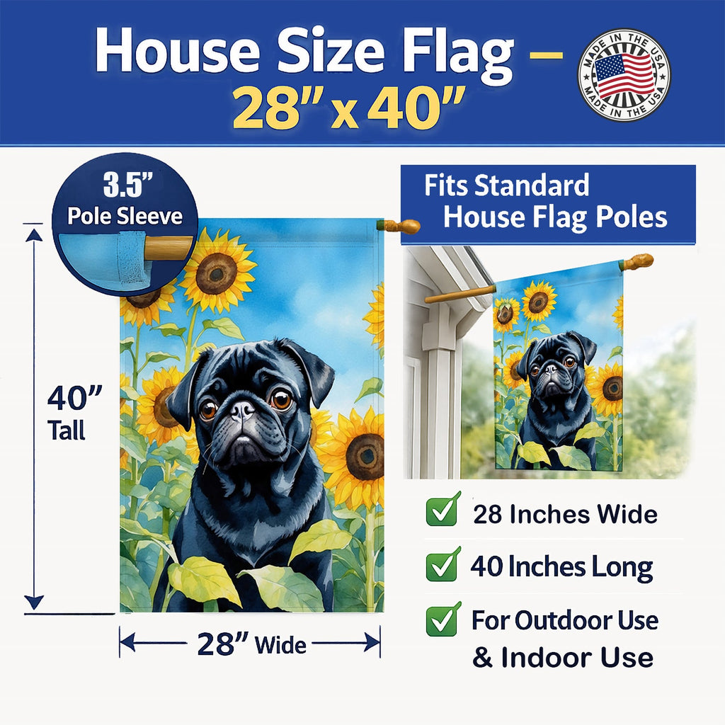 Pug in Sunflowers House Flag 28x40 Porch Sleeve Pole Decorative Outside Yard Banner Artwork Wall Hanging, Polyester