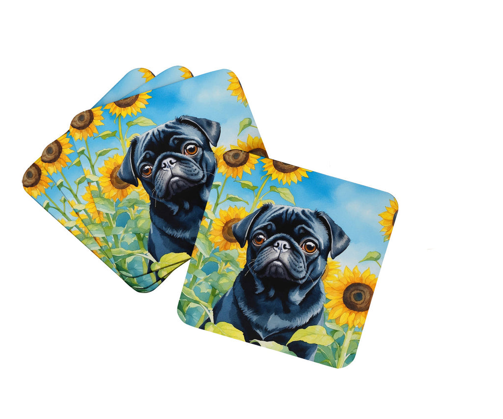 Pug in Sunflowers Foam Coasters Set of 4 Cup Coasters for Indoor Outdoor, Tabletop Protection, Anti Slip, Mouse pad Material
