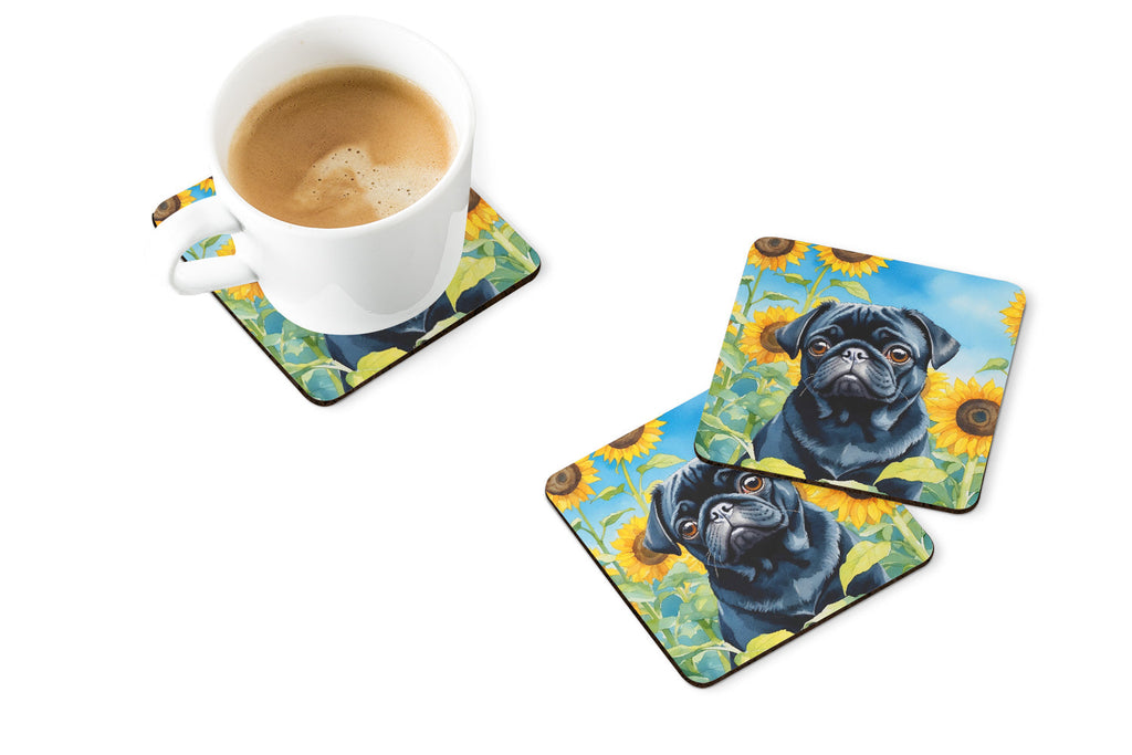 Pug in Sunflowers Foam Coasters Set of 4 Cup Coasters for Indoor Outdoor, Tabletop Protection, Anti Slip, Mouse pad Material