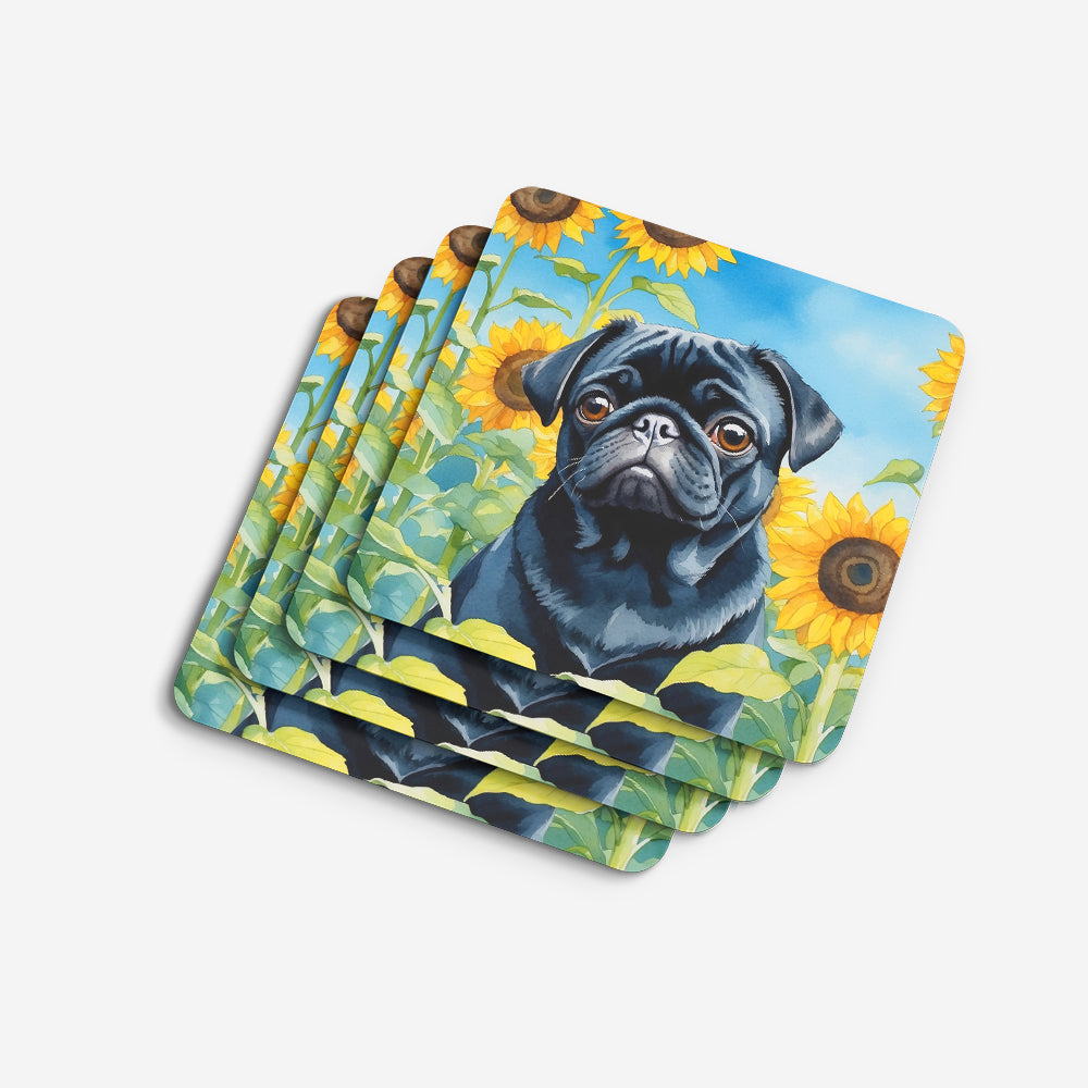 Pug in Sunflowers Foam Coasters Set of 4 Cup Coasters for Indoor Outdoor, Tabletop Protection, Anti Slip, Mouse pad Material