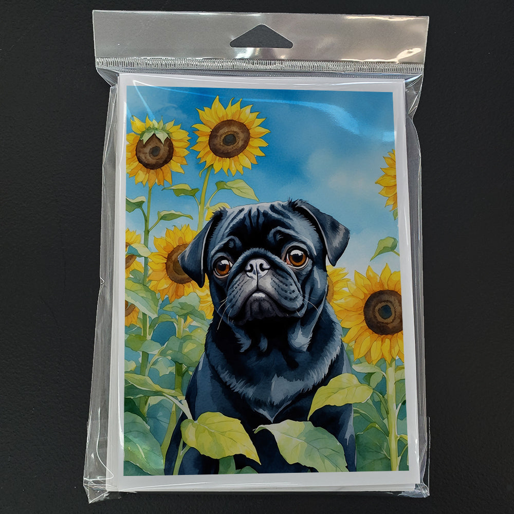Pug in Sunflowers Greeting Cards Pack of 8 Blank Cards with Envelopes Whimsical A7 Size 5x7