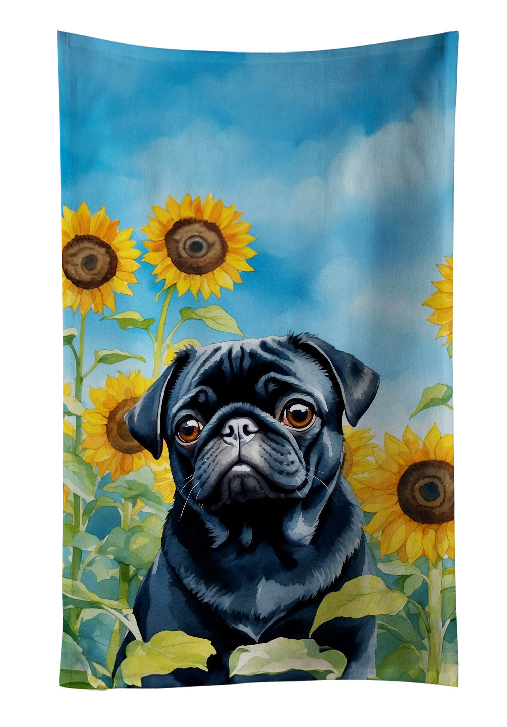 Pug in Sunflowers Kitchen Towel Velour Plush Front and Cotton Loop Back Machine Washable