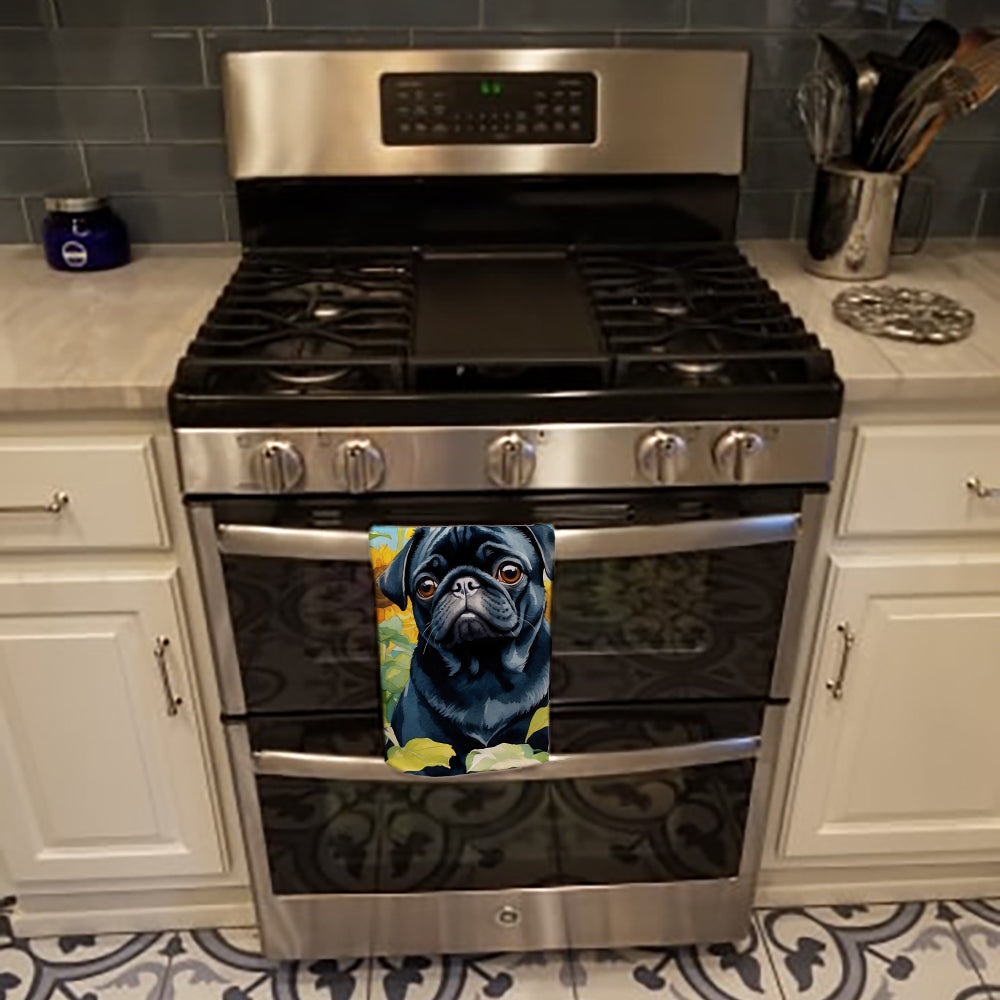 Pug in Sunflowers Kitchen Towel Velour Plush Front and Cotton Loop Back Machine Washable