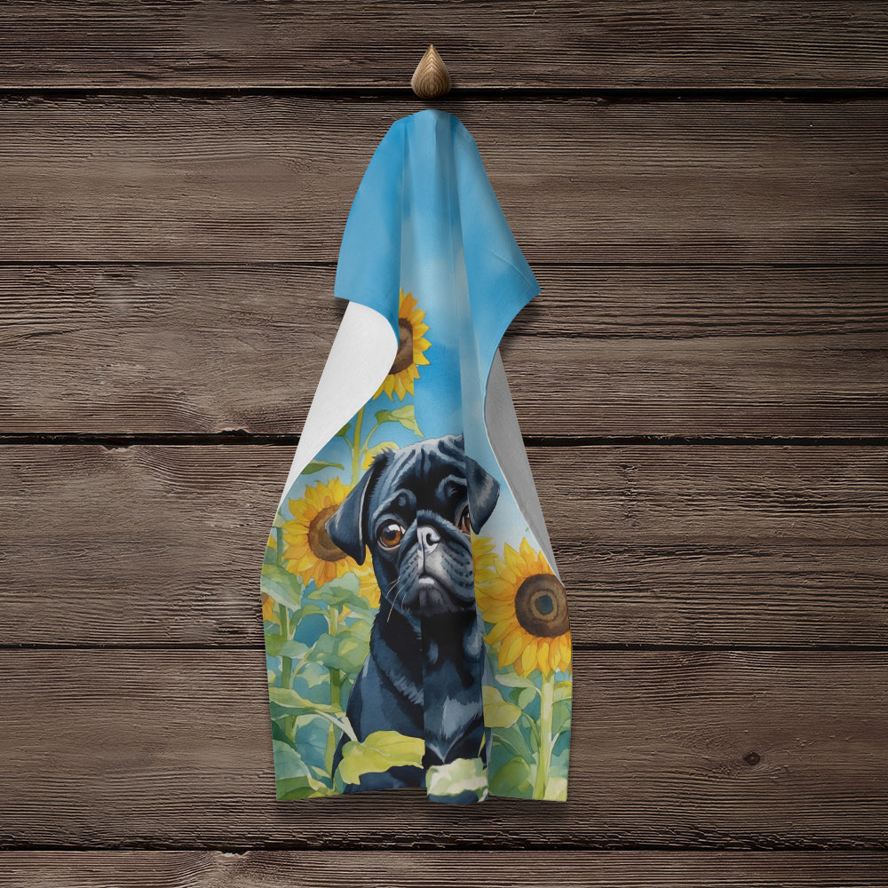 Pug in Sunflowers Kitchen Towel Velour Plush Front and Cotton Loop Back Machine Washable