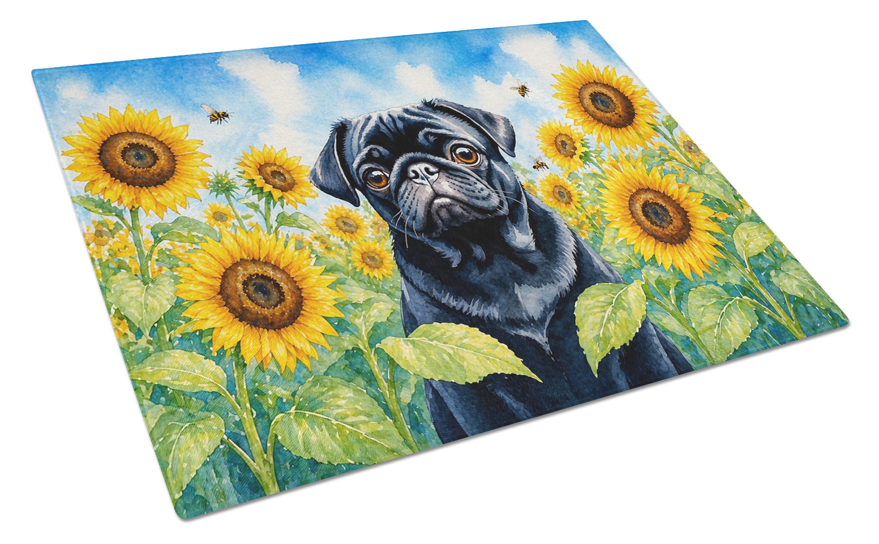 Pug in Sunflowers Cutting Board Tempered Glass Kitchen Cutting Surface, Heat Resistant Chopping Board with Non-Slip Feet, Decorative Food Prep & Serving