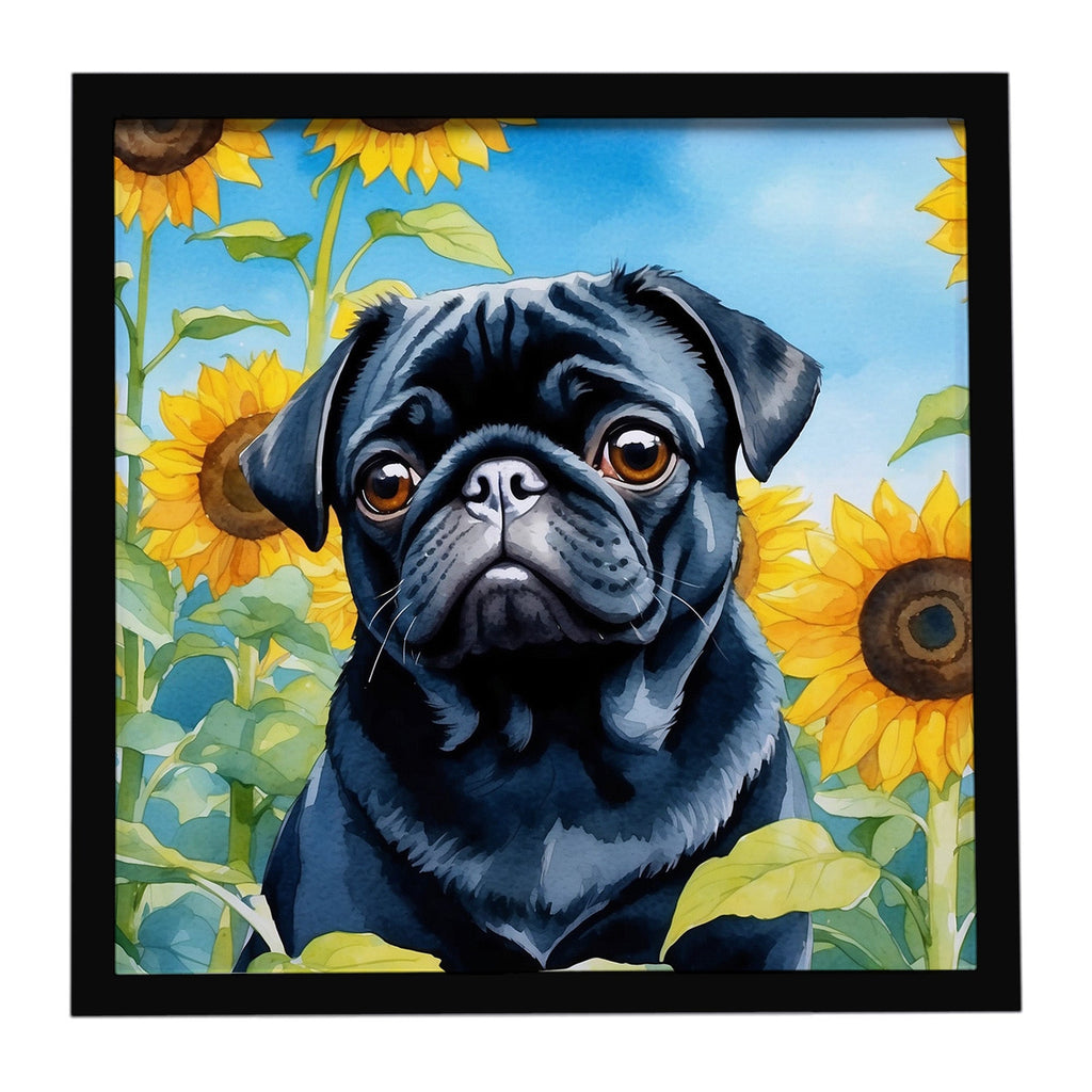 Pug in Sunflowers Framed Metal Print Bathroom, Kitchen, Office, Home Decor Wall Art Ready to Hang, Square, 8X8