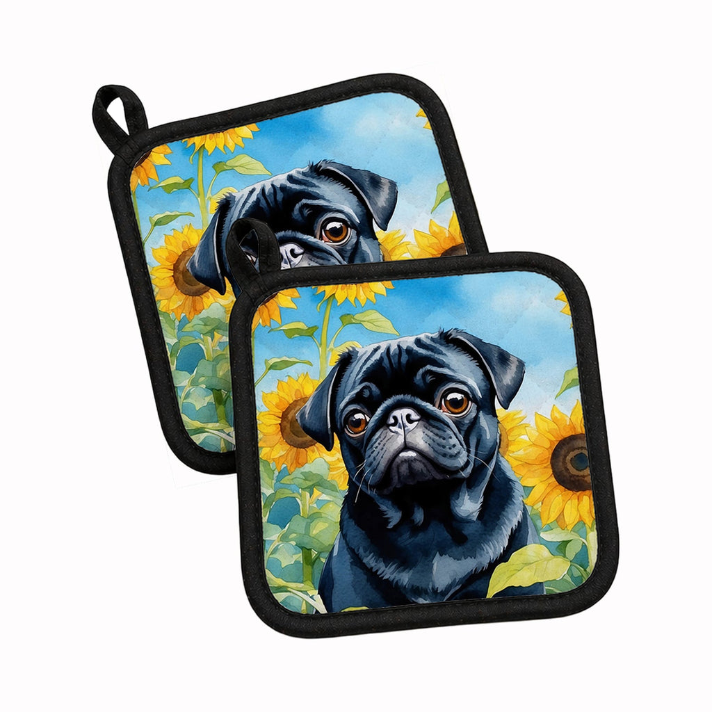 Pug in Sunflowers Pot Holder Set of 2 Heat Resistant Quilted Hot Pads 7.5 x 7.5 Inch, Insulated Kitchen Trivets for Cooking & Baking