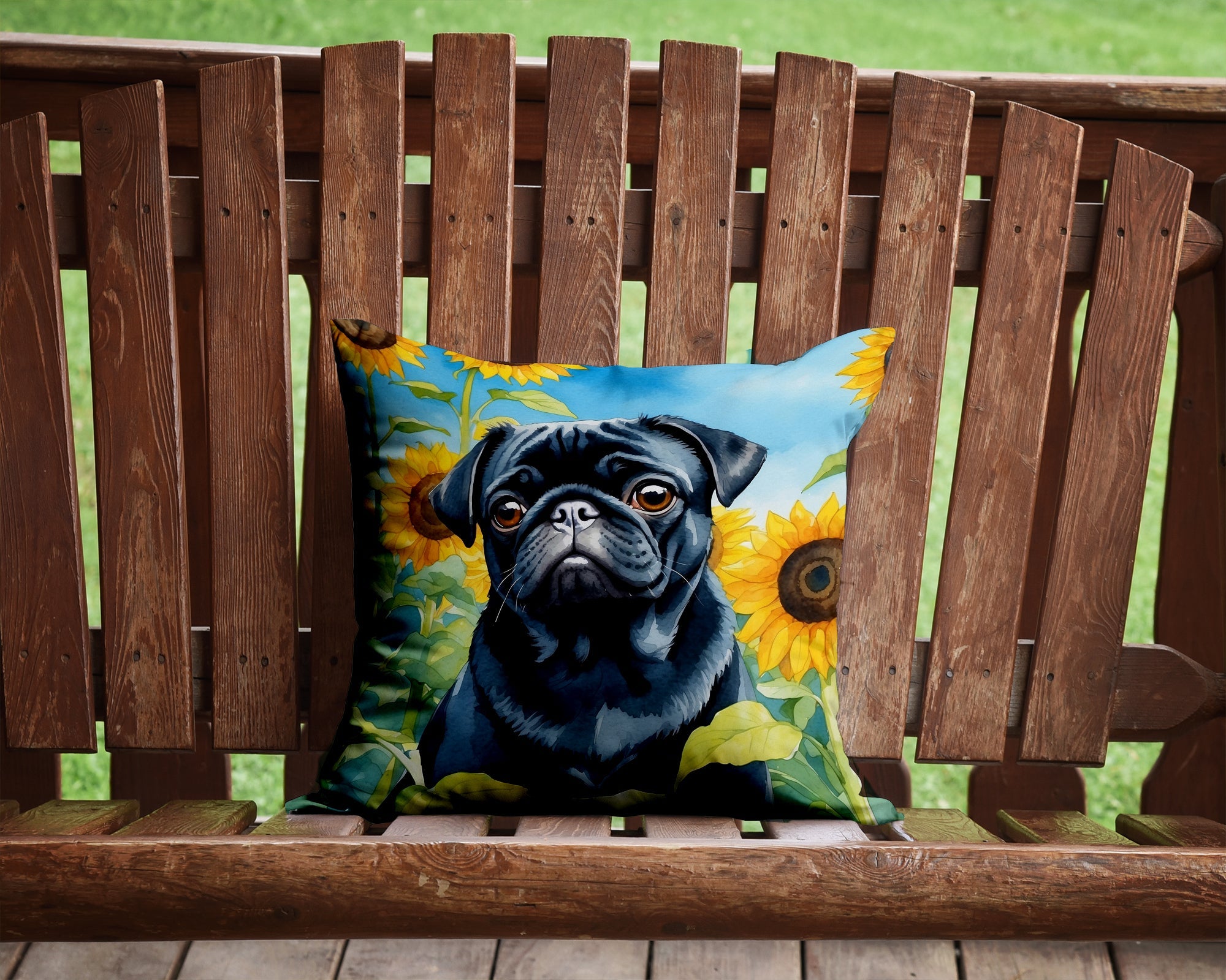 Pug in Sunflowers Decorative Throw Pillow 14x14 Indoor Outdoor Accent Cushion, Fabric Cover with Insert for Sofa, Bed, Porch & Living Room