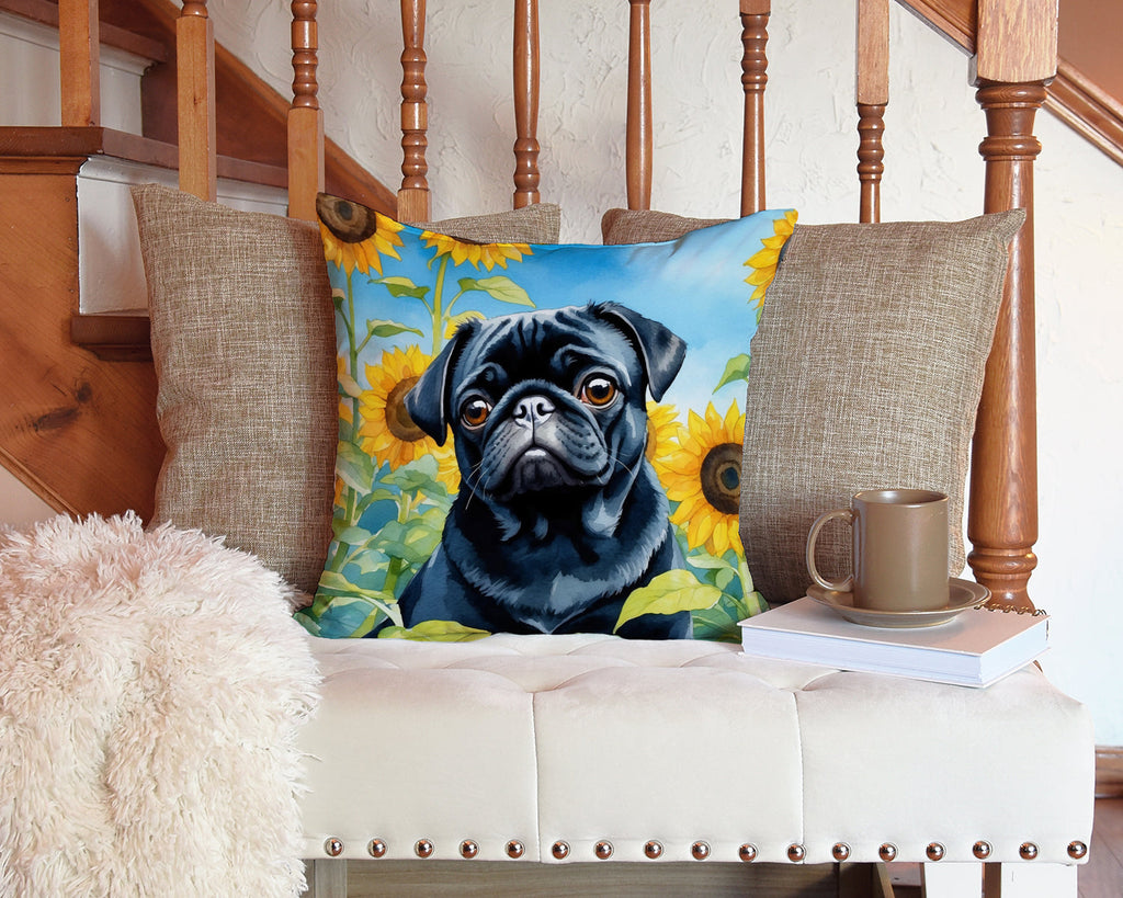 Pug in Sunflowers Decorative Throw Pillow 14x14 Indoor Outdoor Accent Cushion, Fabric Cover with Insert for Sofa, Bed, Porch & Living Room