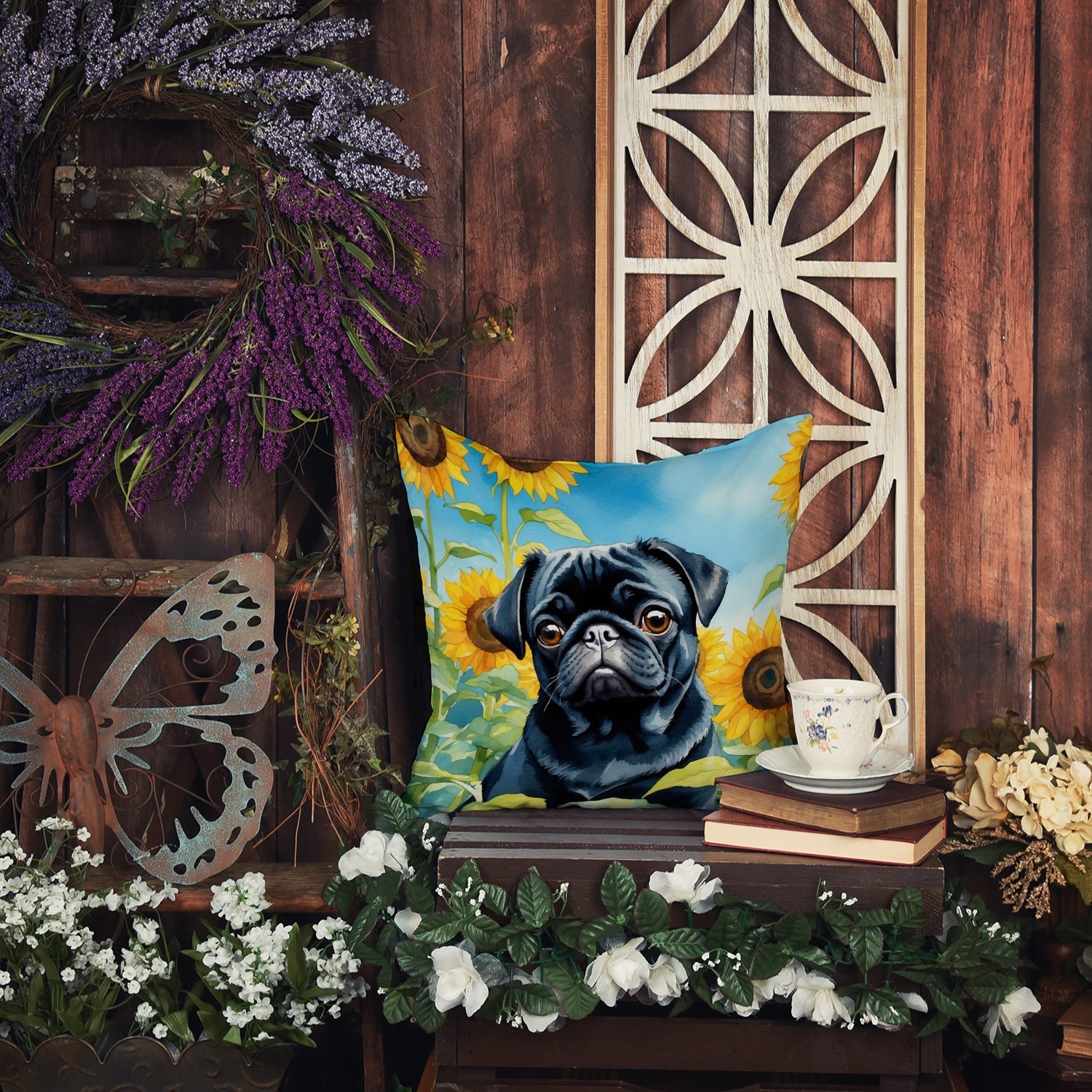 Pug in Sunflowers Decorative Throw Pillow 14x14 Indoor Outdoor Accent Cushion, Fabric Cover with Insert for Sofa, Bed, Porch & Living Room