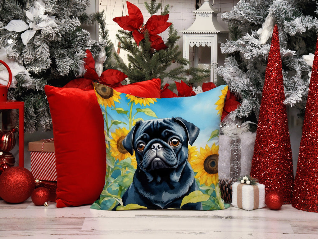 Pug in Sunflowers Decorative Throw Pillow 14x14 Indoor Outdoor Accent Cushion, Fabric Cover with Insert for Sofa, Bed, Porch & Living Room
