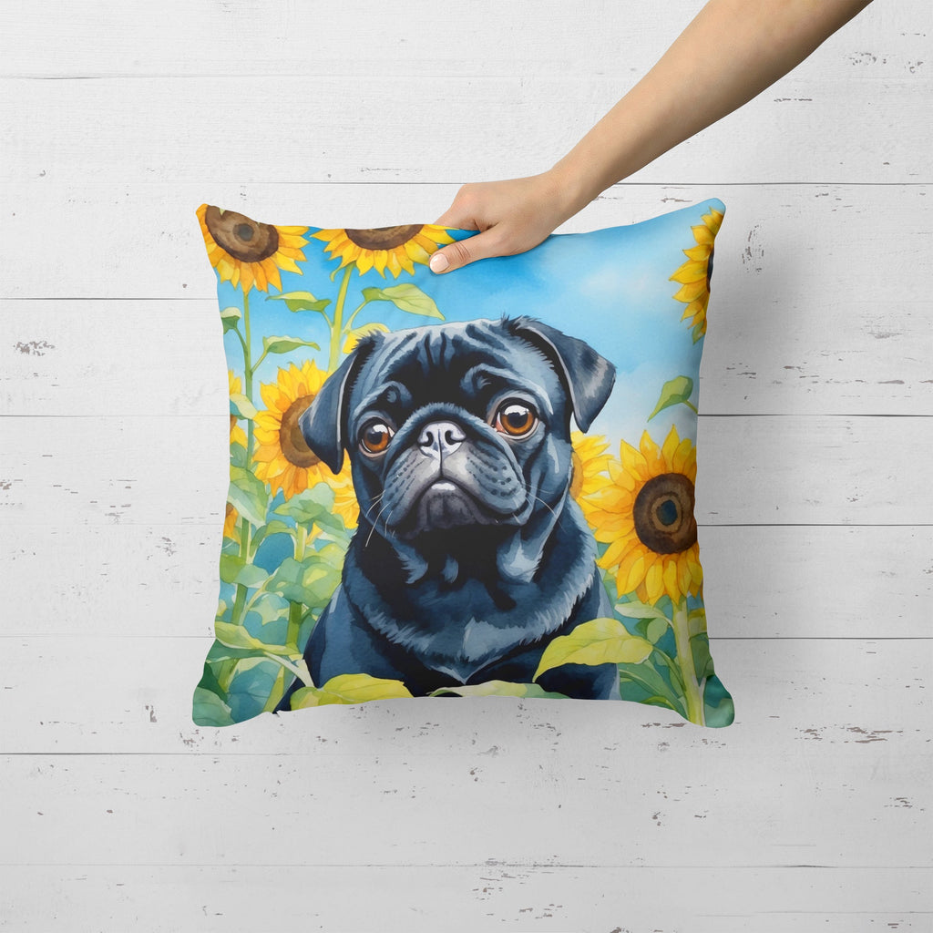 Pug in Sunflowers Decorative Throw Pillow 18x18 Indoor Outdoor Accent Cushion, Fabric Cover with Insert for Sofa, Bed, Porch & Living Room