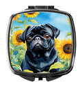 Pug in Sunflowers Compact Mirror Decorative Travel Makeup Mirror for Women Girls Gifts Pocket Makeup Mirror Folding Handheld