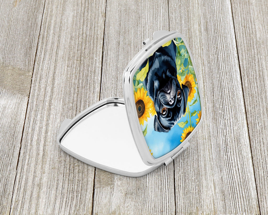 Pug in Sunflowers Compact Mirror Decorative Travel Makeup Mirror for Women Girls Gifts Pocket Makeup Mirror Folding Handheld