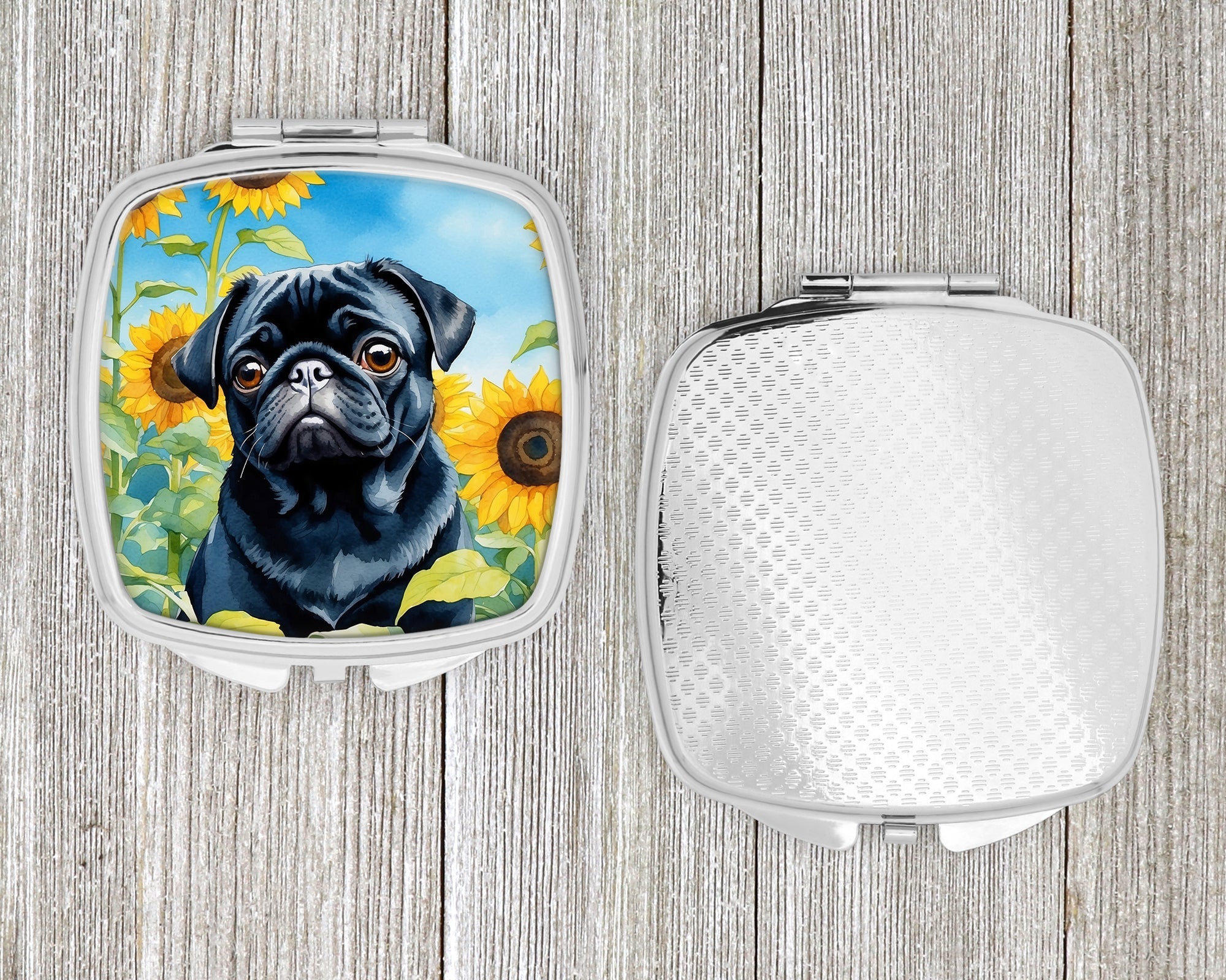 Pug in Sunflowers Compact Mirror Decorative Travel Makeup Mirror for Women Girls Gifts Pocket Makeup Mirror Folding Handheld