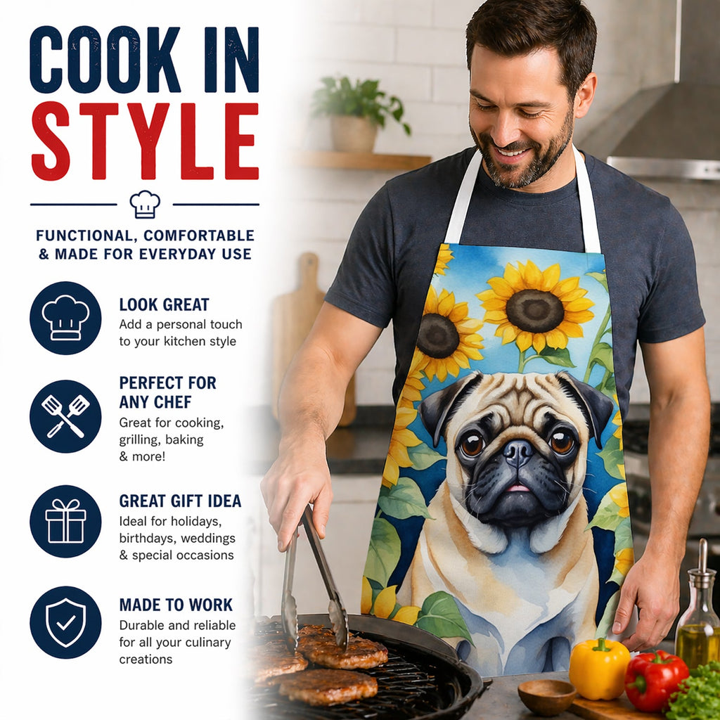Pug in Sunflowers Apron Cooking Kitchen Server Baking Crafts Gardening for Adult Women Men, Unisex, Large, Multicolor