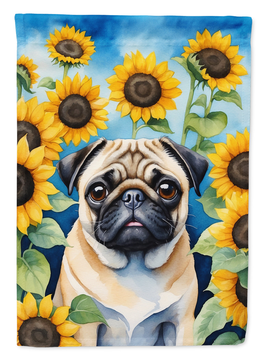 Pug in Sunflowers House Flag 28x40 Porch Sleeve Pole Decorative Outside Yard Banner Artwork Wall Hanging, Polyester