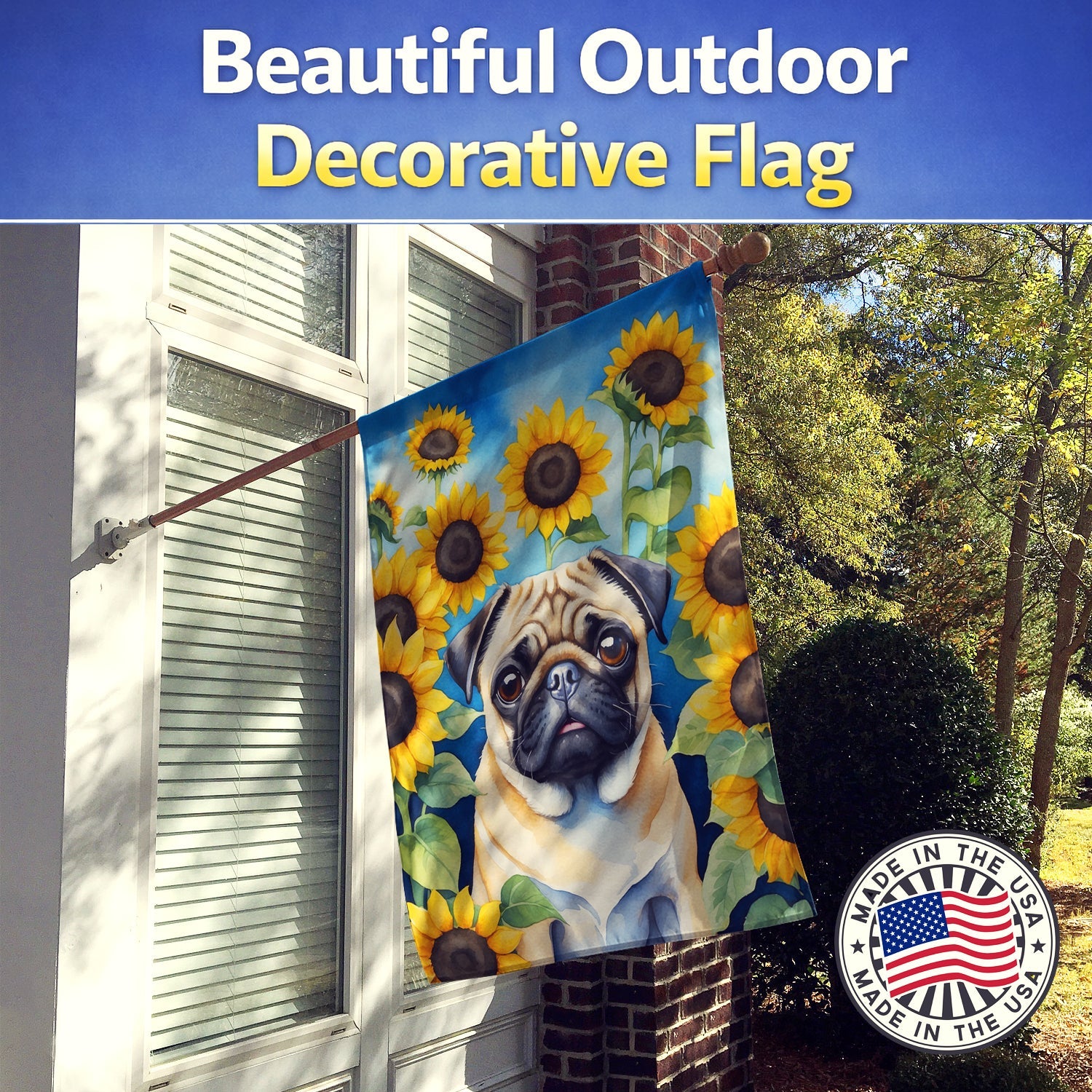 Pug in Sunflowers House Flag 28x40 Porch Sleeve Pole Decorative Outside Yard Banner Artwork Wall Hanging, Polyester