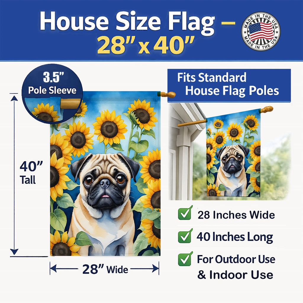 Pug in Sunflowers House Flag 28x40 Porch Sleeve Pole Decorative Outside Yard Banner Artwork Wall Hanging, Polyester