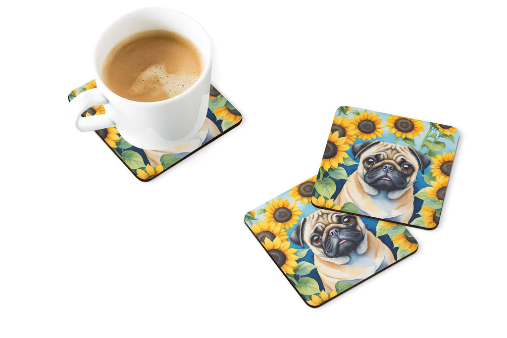 Pug in Sunflowers Foam Coasters Set of 4 Cup Coasters for Indoor Outdoor, Tabletop Protection, Anti Slip, Mouse pad Material