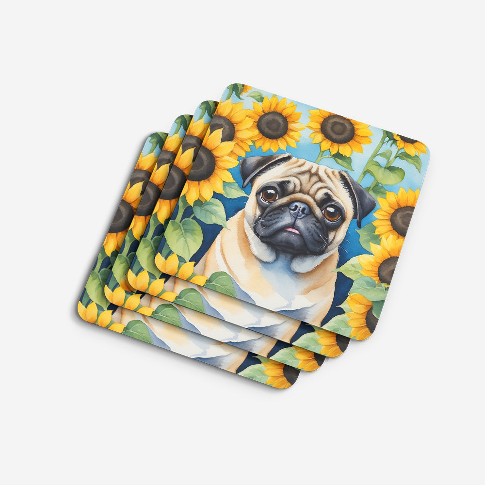 Pug in Sunflowers Foam Coasters Set of 4 Cup Coasters for Indoor Outdoor, Tabletop Protection, Anti Slip, Mouse pad Material