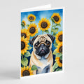 Pug in Sunflowers Greeting Cards Pack of 8 Blank Cards with Envelopes Whimsical A7 Size 5x7