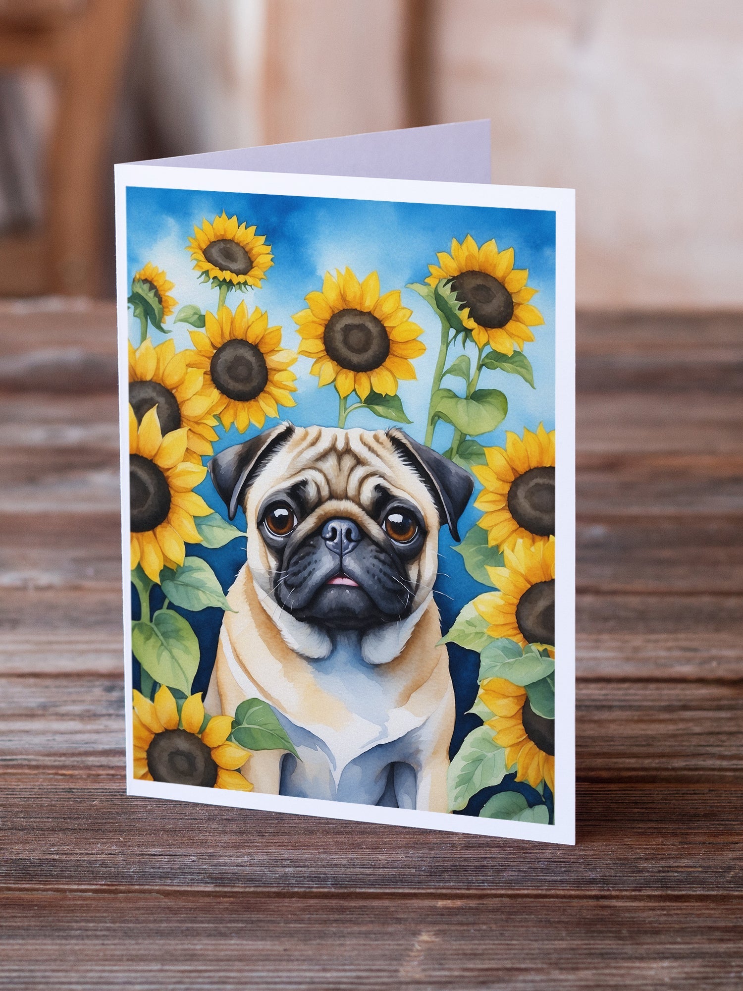 Pug in Sunflowers Greeting Cards Pack of 8 Blank Cards with Envelopes Whimsical A7 Size 5x7