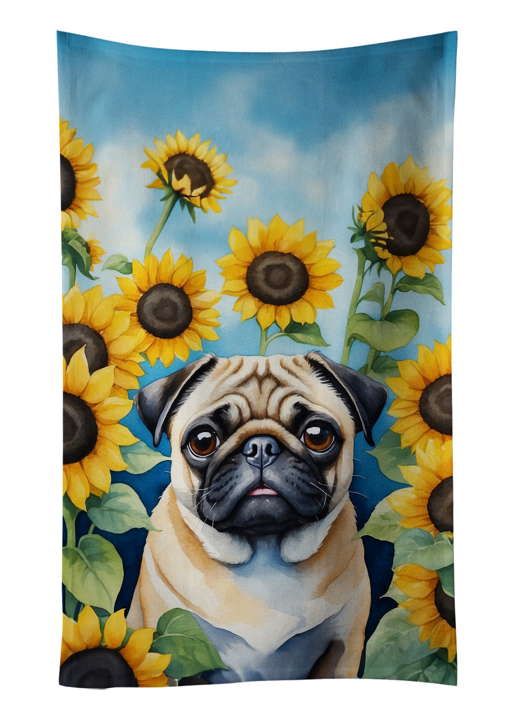 Pug in Sunflowers Kitchen Towel Velour Plush Front and Cotton Loop Back Machine Washable