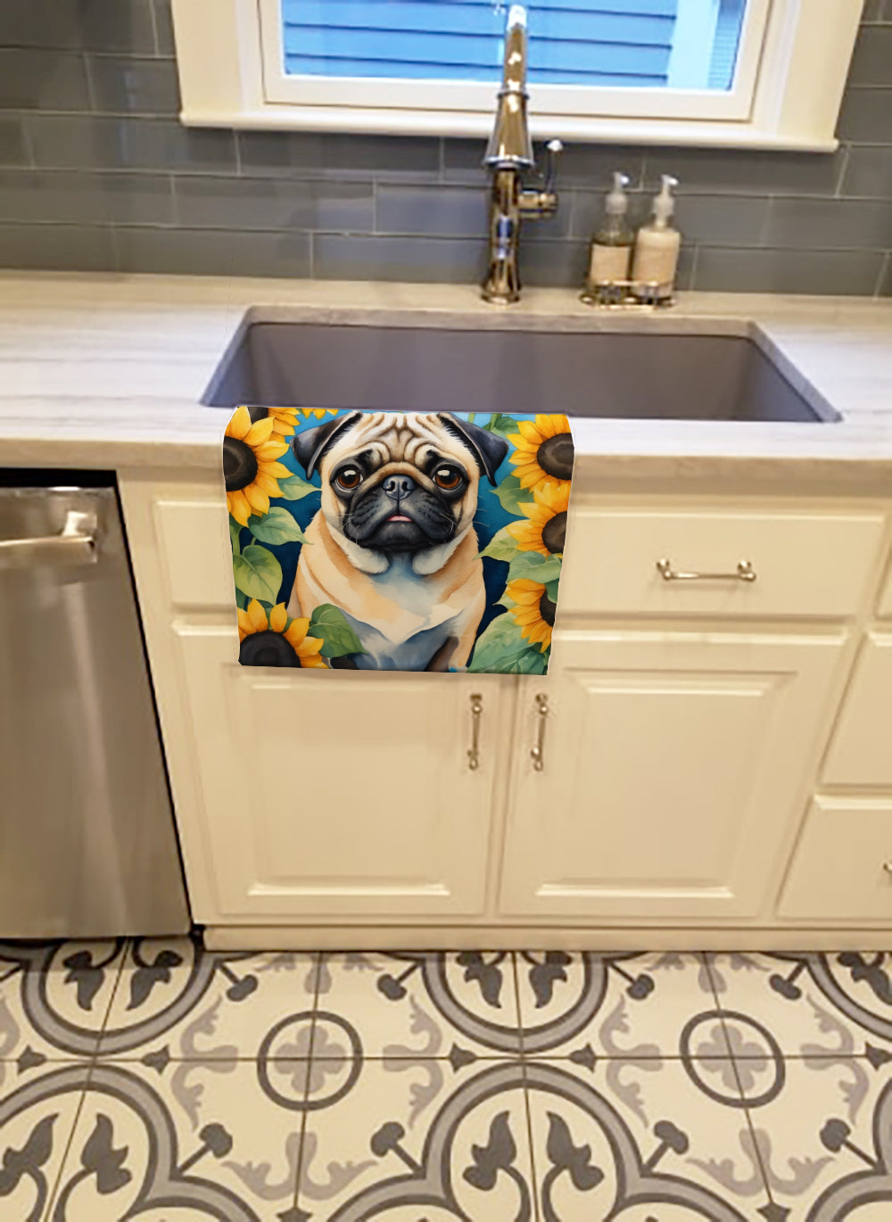 Pug in Sunflowers Kitchen Towel Velour Plush Front and Cotton Loop Back Machine Washable