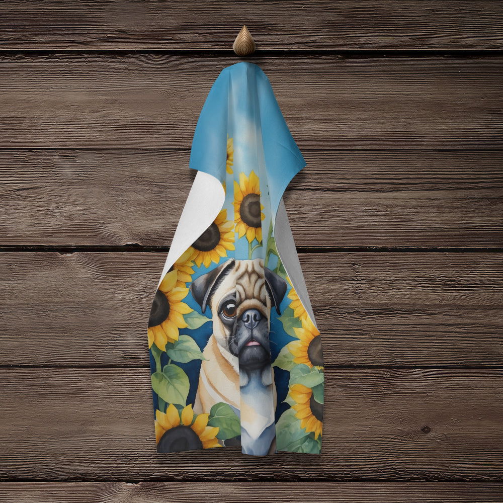 Pug in Sunflowers Kitchen Towel Velour Plush Front and Cotton Loop Back Machine Washable