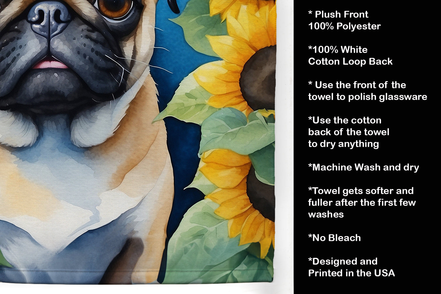 Pug in Sunflowers Kitchen Towel Velour Plush Front and Cotton Loop Back Machine Washable