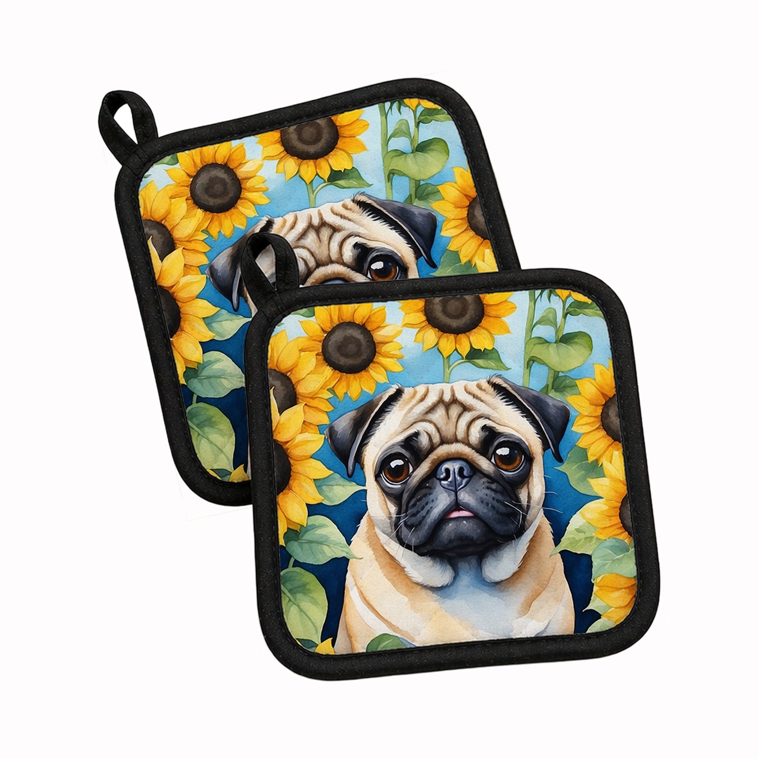 Pug in Sunflowers Pot Holder Set of 2 Heat Resistant Quilted Hot Pads 7.5 x 7.5 Inch, Insulated Kitchen Trivets for Cooking & Baking