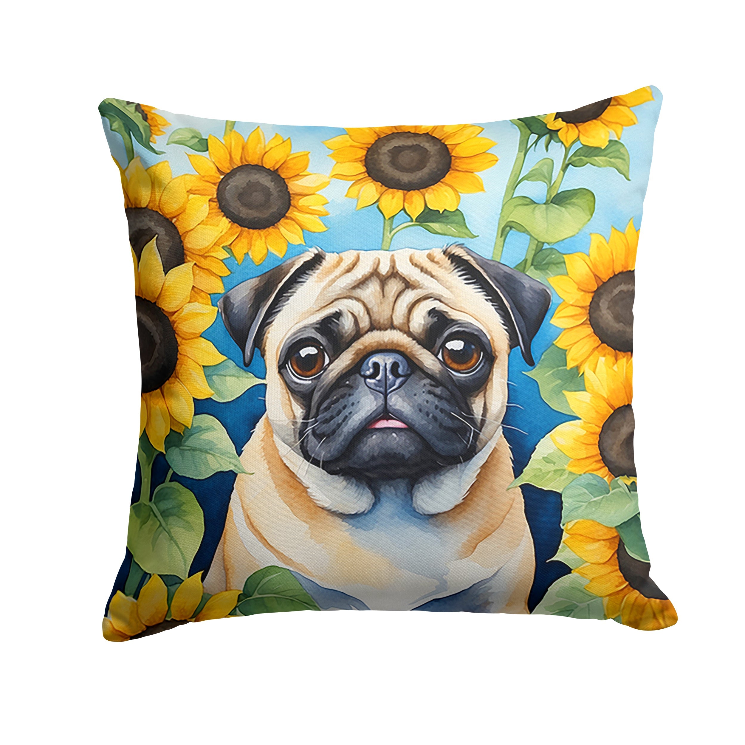 Pug in Sunflowers Decorative Throw Pillow 14x14 Indoor Outdoor Accent Cushion, Fabric Cover with Insert for Sofa, Bed, Porch & Living Room