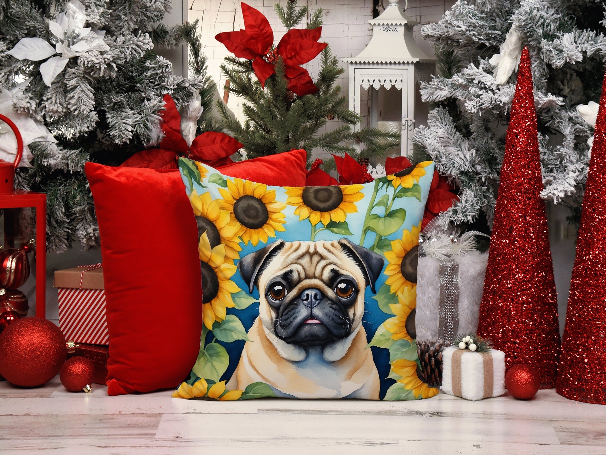 Pug in Sunflowers Decorative Throw Pillow 14x14 Indoor Outdoor Accent Cushion, Fabric Cover with Insert for Sofa, Bed, Porch & Living Room