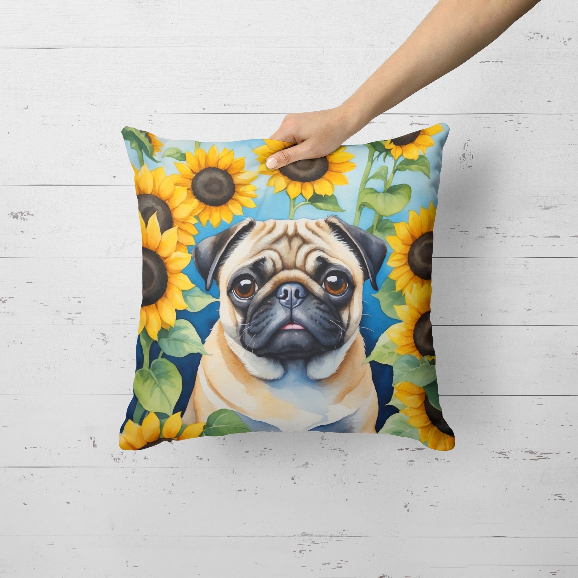 Pug in Sunflowers Decorative Throw Pillow 18x18 Indoor Outdoor Accent Cushion, Fabric Cover with Insert for Sofa, Bed, Porch & Living Room