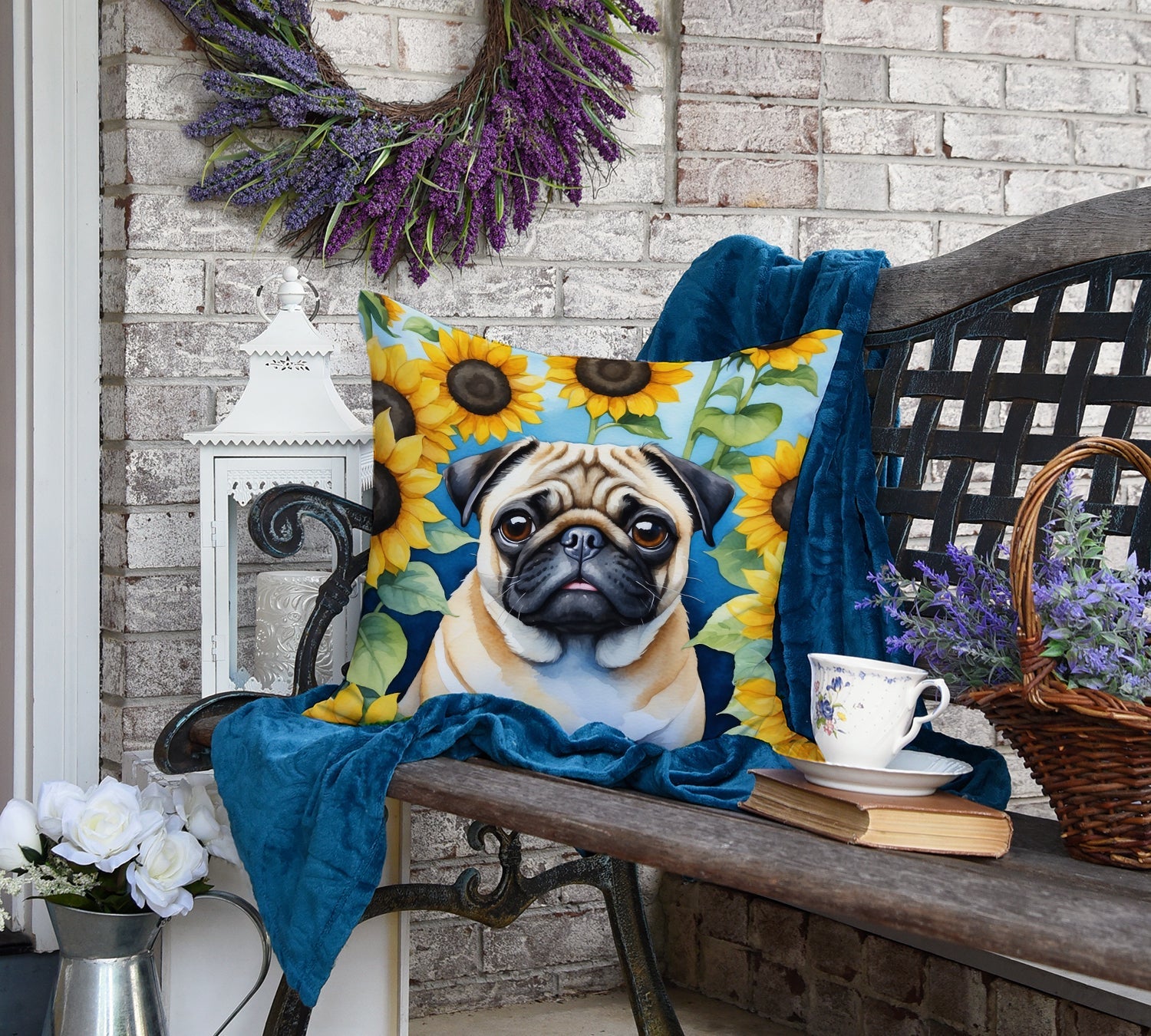 Pug in Sunflowers Decorative Throw Pillow 18x18 Indoor Outdoor Accent Cushion, Fabric Cover with Insert for Sofa, Bed, Porch & Living Room