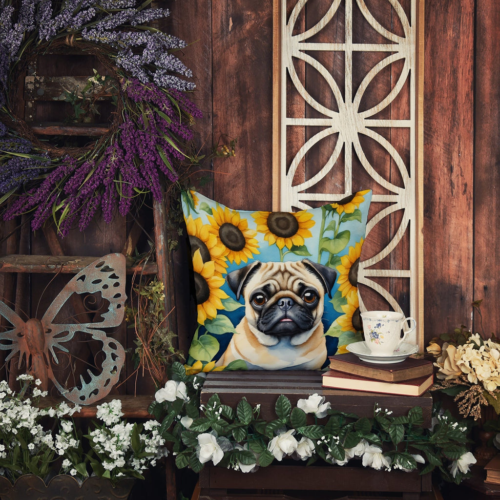Pug in Sunflowers Decorative Throw Pillow 18x18 Indoor Outdoor Accent Cushion, Fabric Cover with Insert for Sofa, Bed, Porch & Living Room