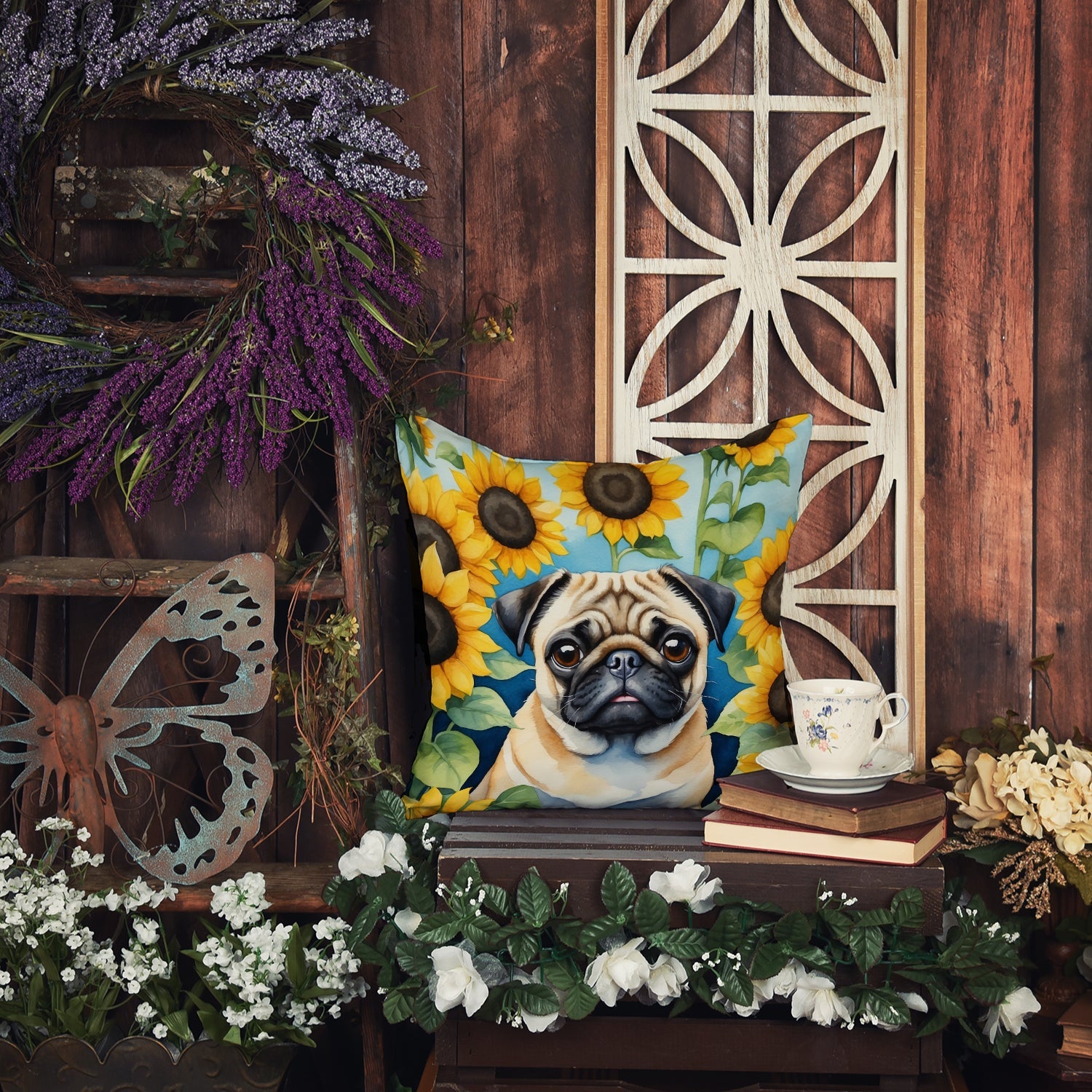 Pug in Sunflowers Decorative Throw Pillow 18x18 Indoor Outdoor Accent Cushion, Fabric Cover with Insert for Sofa, Bed, Porch & Living Room