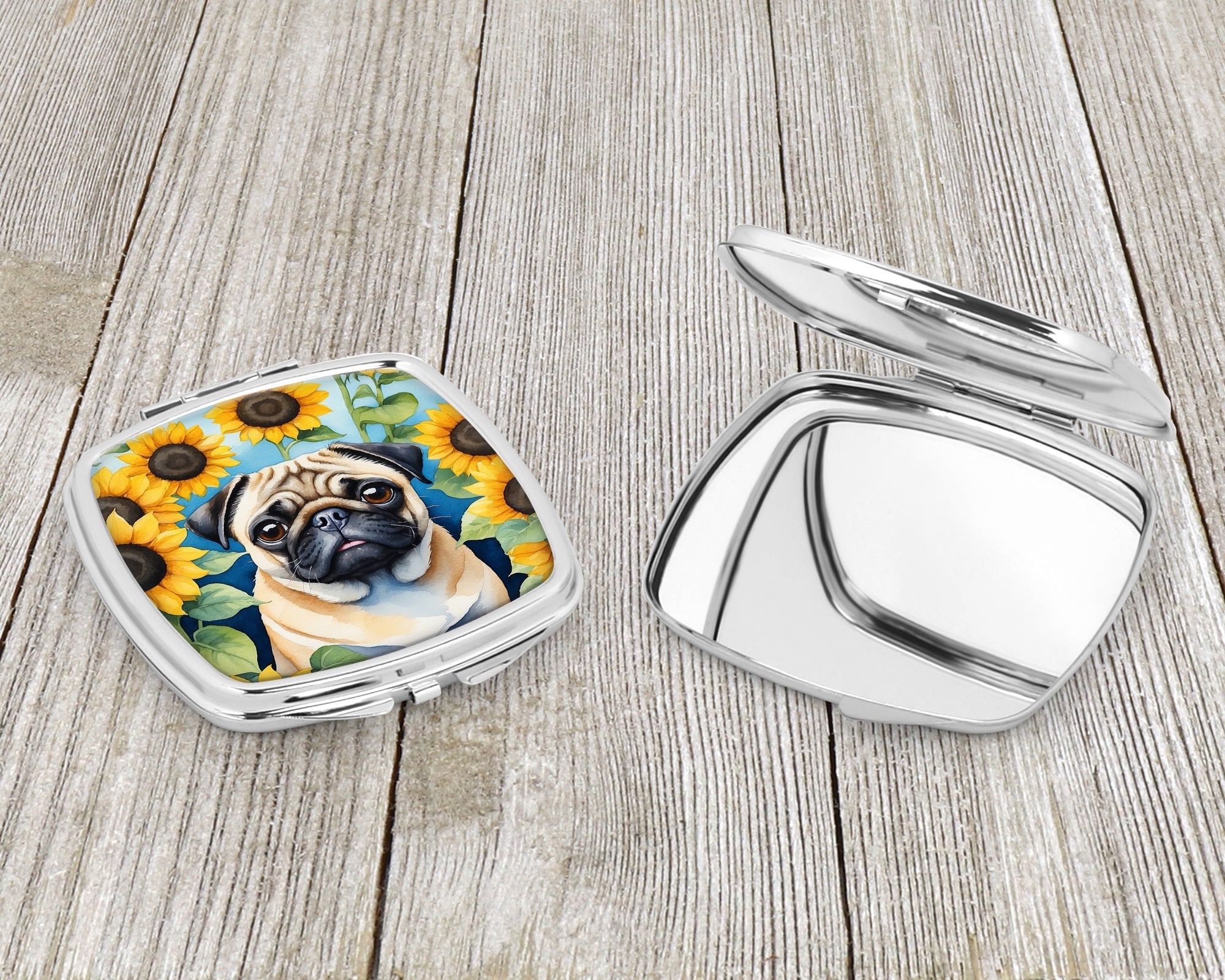 Pug in Sunflowers Compact Mirror Decorative Travel Makeup Mirror for Women Girls Gifts Pocket Makeup Mirror Folding Handheld