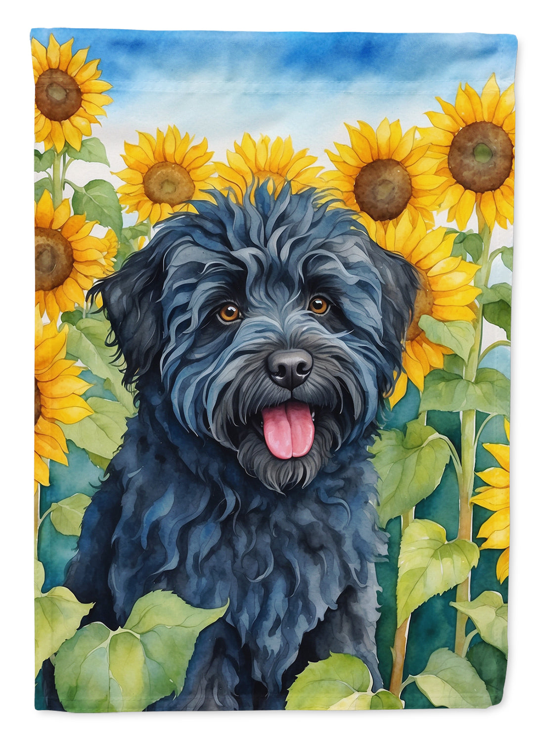 Puli in Sunflowers House Flag 28x40 Porch Sleeve Pole Decorative Outside Yard Banner Artwork Wall Hanging, Polyester