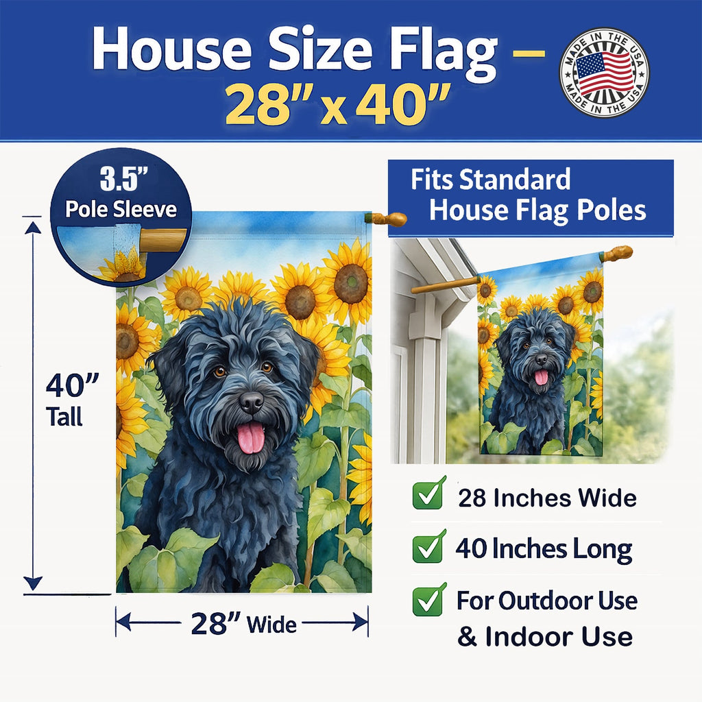 Puli in Sunflowers House Flag 28x40 Porch Sleeve Pole Decorative Outside Yard Banner Artwork Wall Hanging, Polyester