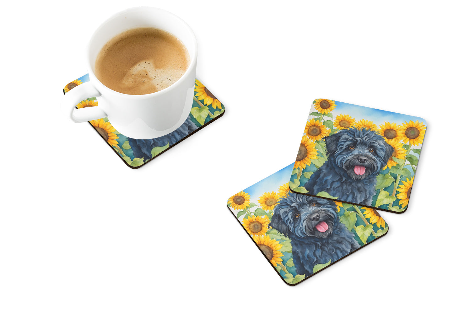 Puli in Sunflowers Foam Coasters Set of 4 Cup Coasters for Indoor Outdoor, Tabletop Protection, Anti Slip, Mouse pad Material