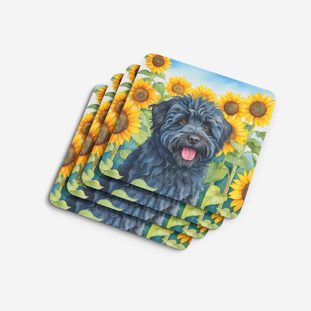 Puli in Sunflowers Foam Coasters Set of 4 Cup Coasters for Indoor Outdoor, Tabletop Protection, Anti Slip, Mouse pad Material