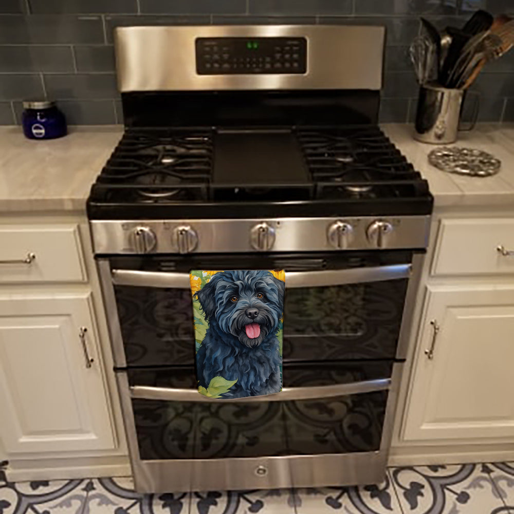 Puli in Sunflowers Kitchen Towel Velour Plush Front and Cotton Loop Back Machine Washable