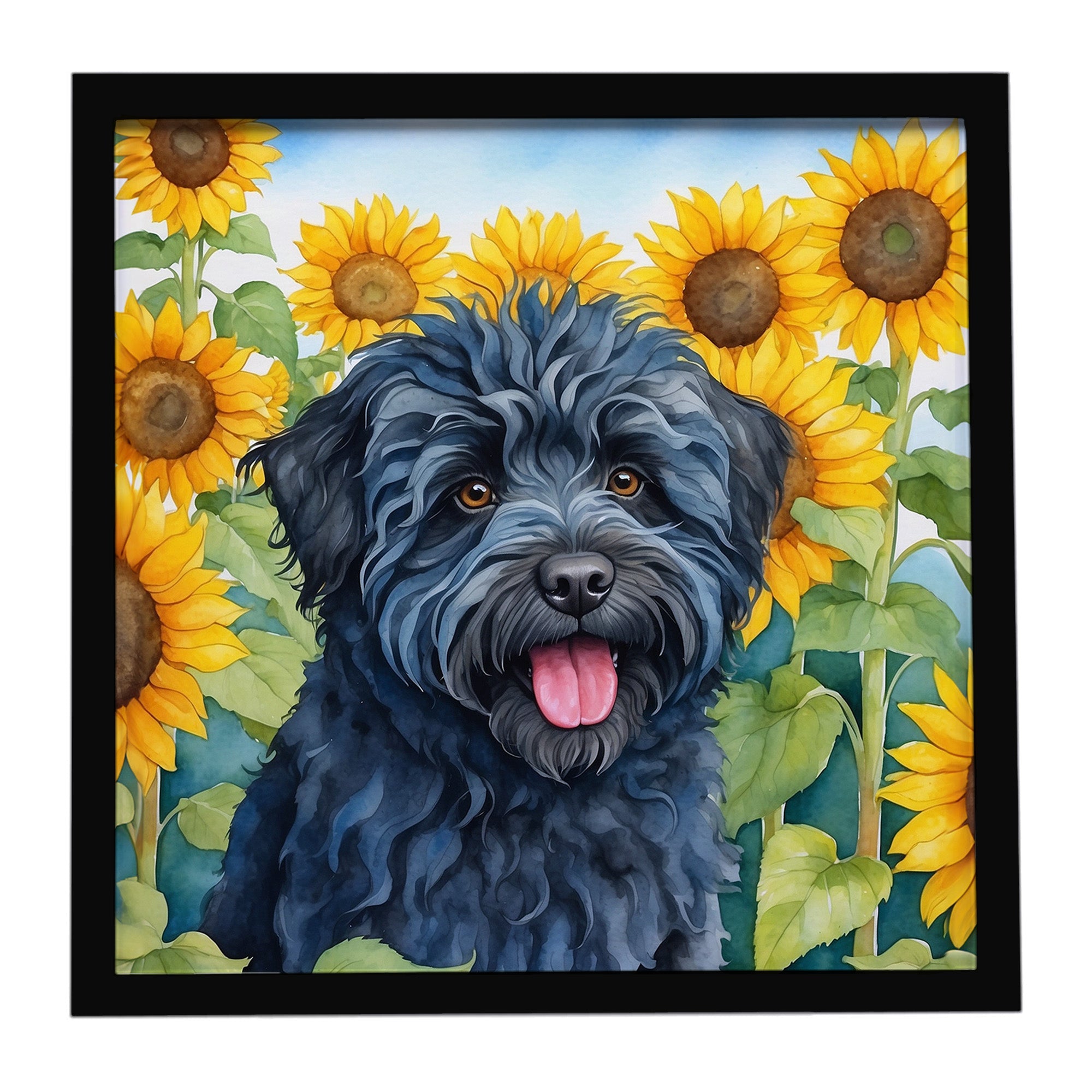 Puli in Sunflowers Framed Metal Print Bathroom, Kitchen, Office, Home Decor Wall Art Ready to Hang, Square, 8X8