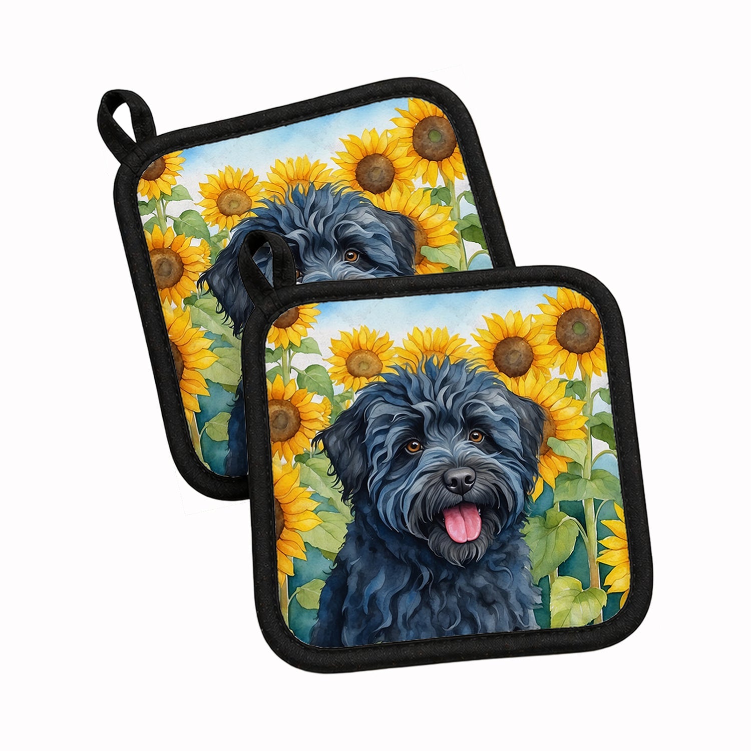 Puli in Sunflowers Pot Holder Set of 2 Heat Resistant Quilted Hot Pads 7.5 x 7.5 Inch, Insulated Kitchen Trivets for Cooking & Baking