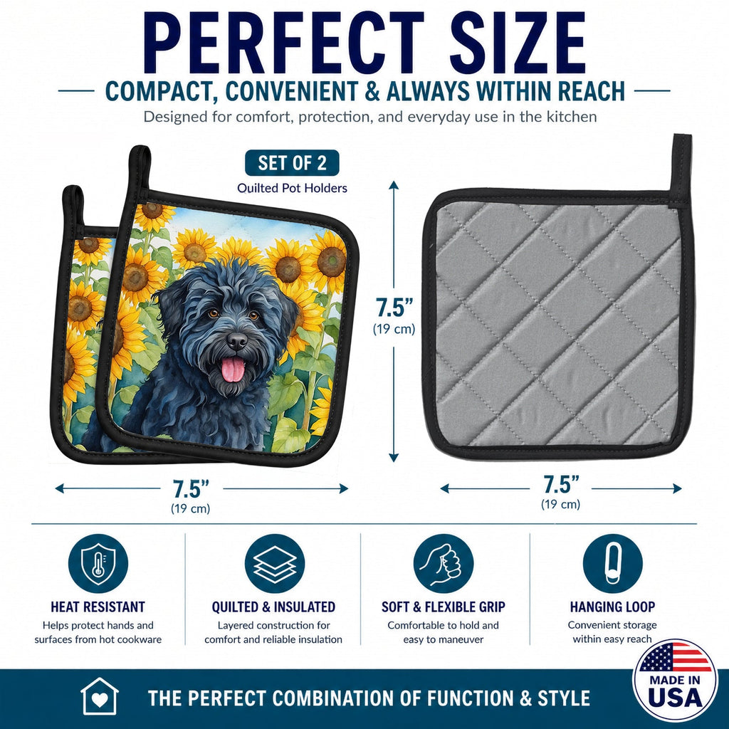Puli in Sunflowers Pot Holder Set of 2 Heat Resistant Quilted Hot Pads 7.5 x 7.5 Inch, Insulated Kitchen Trivets for Cooking & Baking